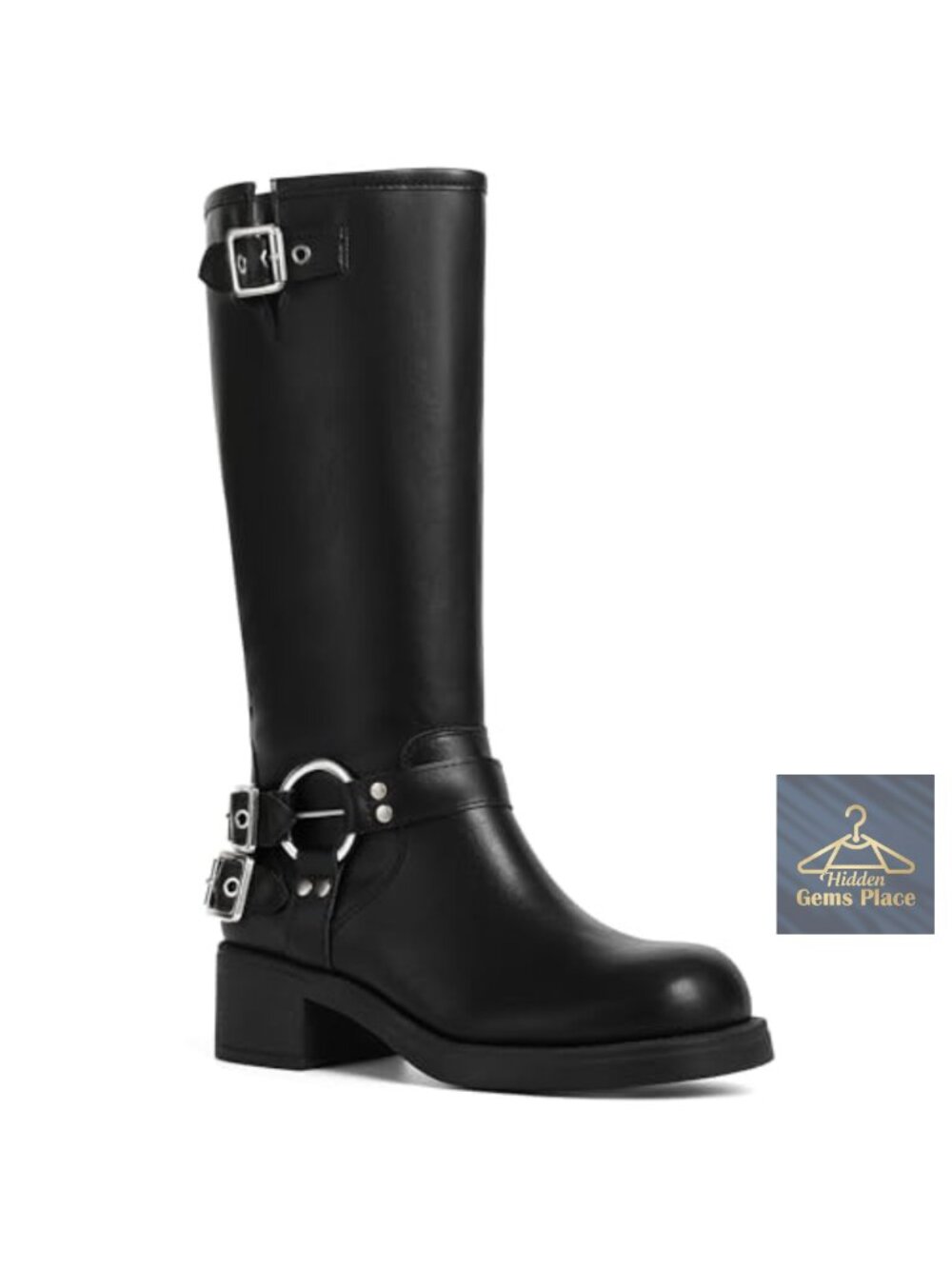 Knee High Boots Women Moto Biker Buckle Block Heel Square Toe